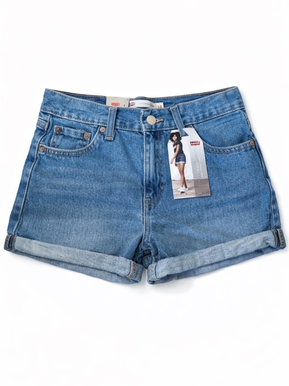 Levi’s Girls Girlfriend Denim Shorts Cuffed Adjustable Waist Size 14 NWT